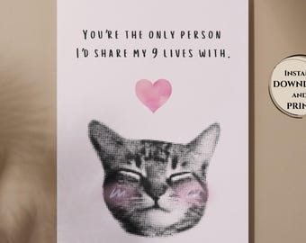Tarjeta de felicitación / Tarjeta de amor con un gato lindo y divertido / Descarga digital imprimible / Regalo de aniversario o San Valentín para él o ella