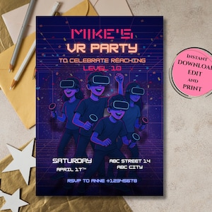 Puede incluir: Invitación digital para una fiesta de realidad virtual. El diseño presenta un grupo de niños con auriculares de realidad virtual y mandos. La invitación es azul oscuro con texto de neón que dice "Mike's VR Party" y "To Celebrate Reaching Level 10". Incluye fecha, hora e información de RSVP.
