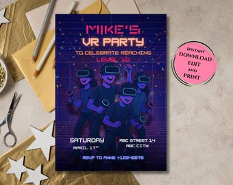 Invitación de cumpleaños para juegos de realidad virtual / Plantilla editable de Canva / Invitación a fiesta de realidad virtual / Descarga digital instantánea