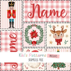 Peut inclure: Motif numérique de Noël avec un motif à carreaux vichy rouge et blanc. Il comprend un casse-noisette, un renne, une couronne de poinsettias et le mot "Name" en script rouge. Le texte "Kiki's Patterns" est également présent.