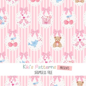 Puede incluir: Patrón sin costuras con rayas rosas y motivos ovalados repetidos. Estos motivos incluyen lazos, pájaros, cerezas y osos de peluche. El texto "Kiki's Patterns" y "Seamless File" también están presentes.