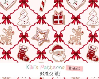 May include: Seamless Christmas pattern featuring gingerbread cookies, candy canes, and bows. The design includes heart-shaped cookies, Christmas trees, reindeer, and Santa Claus faces, all in a festive color palette of red, white, and tan.