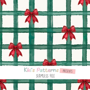 May include: A seamless watercolour pattern with a green plaid design and red bows. The image includes the text "Kiki's Patterns" and "Seamless File". Ideal for digital projects and crafts. The design is suitable for various craft projects.