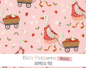 May include: A seamless pattern featuring white geese in red aprons pulling wooden carts filled with strawberries. The geese are walking on a pink background with strawberries, flowers, and leaves. The text "Kiki's Patterns PRESENTS SEAMLESS FILE" is at the bottom.
