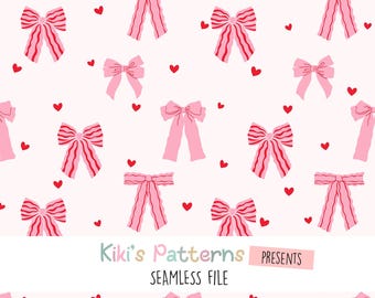 Pink Bows Seamless Pattern, Valentine's Day Digital Paper, Preppy Bows Seamless File for Commercial Use