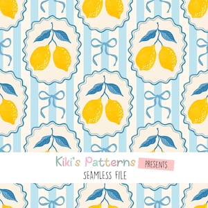 Può includere: Motivo ripetuto di limoni gialli con foglie blu in cornici smerlate, fiocchi blu e strisce azzurre e bianche. Il testo "Kiki's Patterns" e "Seamless File" sono visibili.