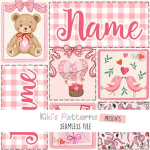 Puede incluir: Un patrón sin costuras con un oso de peluche, un globo aerostático, pájaros besándose y la palabra "Name" en rosa. El diseño incluye corazones, lazos y el texto "Kiki's Patterns PRESENTS SEAMLESS FILE" sobre un fondo a cuadros rosa y blanco.