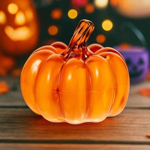 Puede incluir: Un recipiente brillante en forma de calabaza naranja con un tallo transparente y retorcido. La pieza decorativa está hecha de un material translúcido y se encuentra sobre una superficie de madera. El fondo presenta luces borrosas y otras decoraciones de Halloween.
