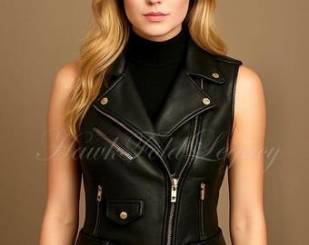 Women’s Leather Biker Vest, Handmade Moto Slim Fit Motorcycle Sleeveless Jacket Waistcoat