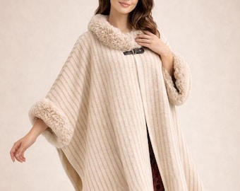 Women’s Beige Wool Cloak Cape Coat Faux Fur, Vintage Steampunk Winter Poncho Renaissance Overcoat