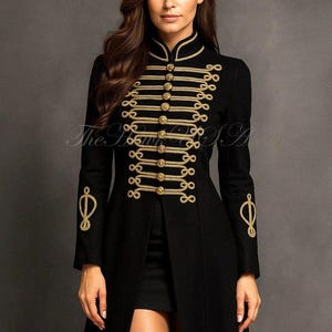 Damen Militär Steampunk viktorianische lange Wolle Frackjacke, Vintage Gothic Regal Overcoat Oberbekleidung