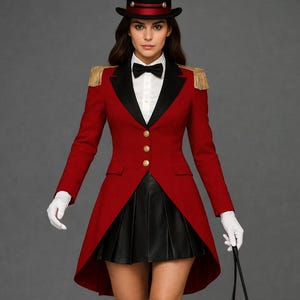 Puede incluir: Un frac rojo con botones dorados y solapas negras, combinado con una falda y botas negras. El atuendo incluye un sombrero de copa negro con detalles rojos, una camisa blanca, una pajarita negra y guantes blancos. Se sostiene un látigo.