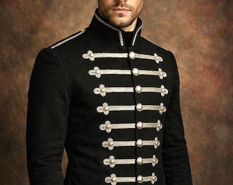 Men's Gothic Steampunk Military Black Jacket Coat, Vintage Victorian Parade Uniform Cosplay Costume Outerwear