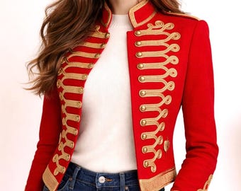 Napoleonischer Militär-Hussar-Jackenmantel für Damen, Regency-Zirkus-Ringmaster-Victorian Steampunk Gold Braided Uniform