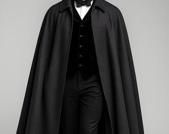 Men’s Victorian Black Wool Cloak Cape Coat, Vintage Gothic Steampunk Long Overcoat, Halloween Cosplay
