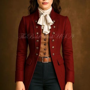 Puede incluir: Un abrigo largo burdeos con botones dorados, un cinturón marrón y un ascot blanco. El abrigo tiene un corte entallado y se lleva sobre una camisa abotonada marrón y pantalones azul oscuro. El texto "The Bold Witch U.S.A" es visible.