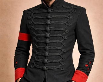 Giacca da uomo nera da ussaro in stile gotico vittoriano militare, cappotto formale vintage steampunk napoleonico da parata con trecce