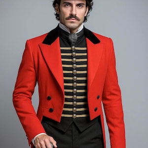 May include: A red tailcoat with black lapels and buttons, paired with a black vest featuring gold stripes and buttons. The outfit includes black trousers and a black top hat. The ensemble evokes a vintage circus or theatrical aesthetic.
