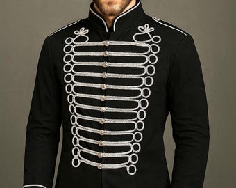 Men's Victorian Military Jacket Black Hussar Coat Vintage Gothic Steampunk Officer Uniform Band Parade Tailcoat Cosplay Costume Outerwear