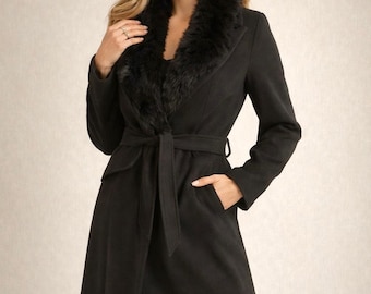 Women’s Black Wool Trench Coat with Faux Fur, Gothic Double-Breasted Winter Overcoat Long Jacket