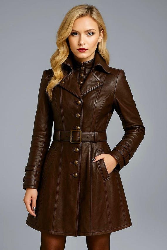 Women's Gothic Steampunk Military Black Leather Trench Coat