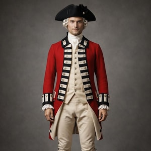 Może przedstawiać: Czerwony płaszcz w stylu wojskowym z czarnymi wykończeniami i złotymi guzikami, połączony z kremową kamizelką i spodniami. Strój obejmuje czarny kapelusz trójrożny i białą perukę, przywodząc na myśl historyczny strój.