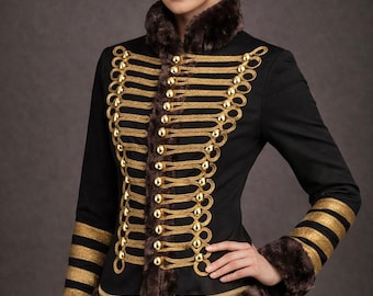 Women's Napoleon Military Victorian Hussar Jacket, Vintage Black Gold Braided Coat | Statement Historical Fashion Outerwear