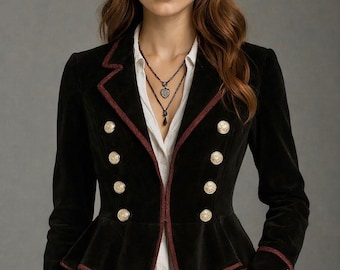 Women’s Victorian Velvet Military Peplum Jacket Coat, Vintage Gothic Steampunk Cropped Fashion Tailored Blazer