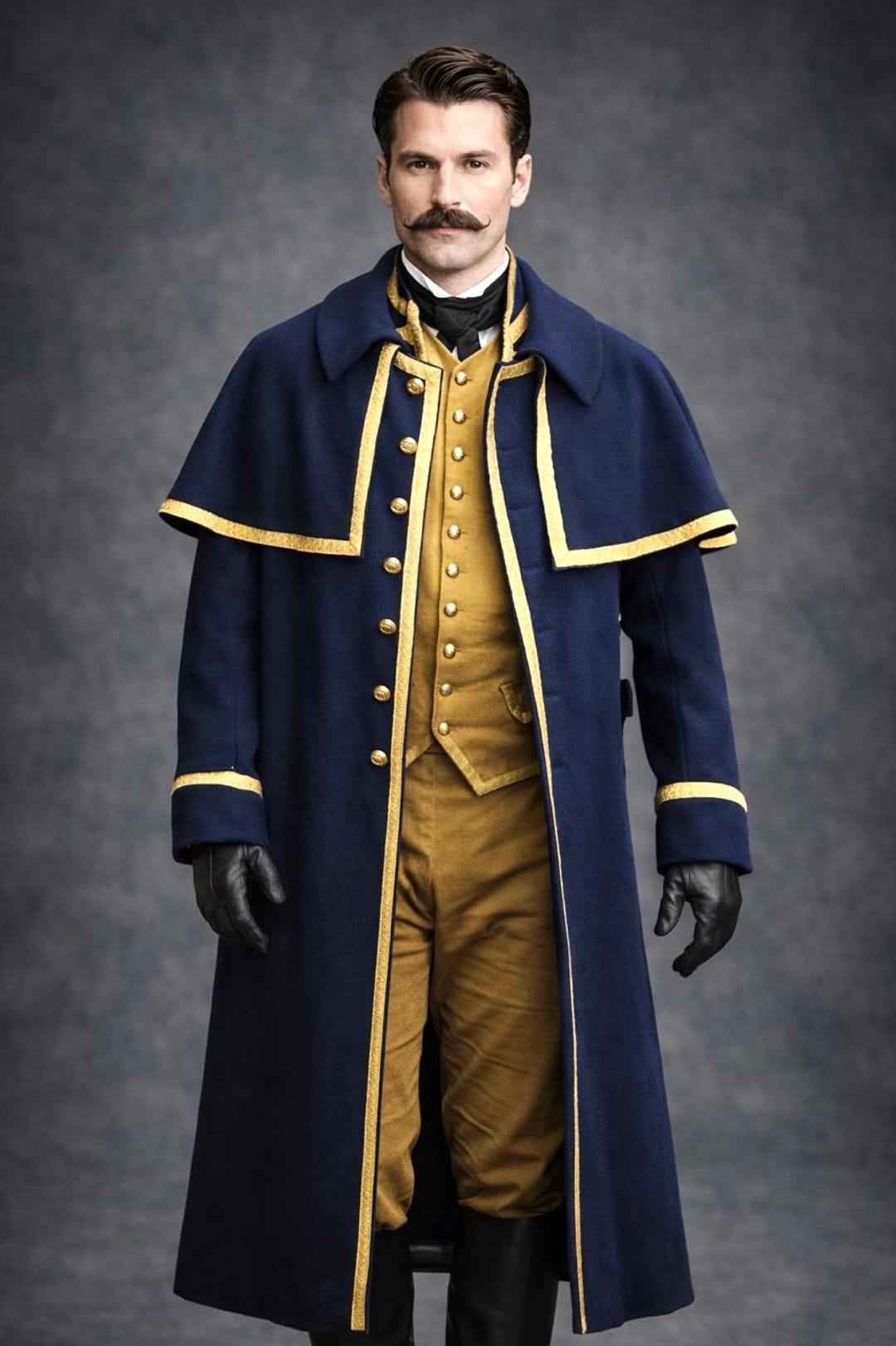 Victorian Men's Blue Cape Coat, Vintage Regency Military Gothic