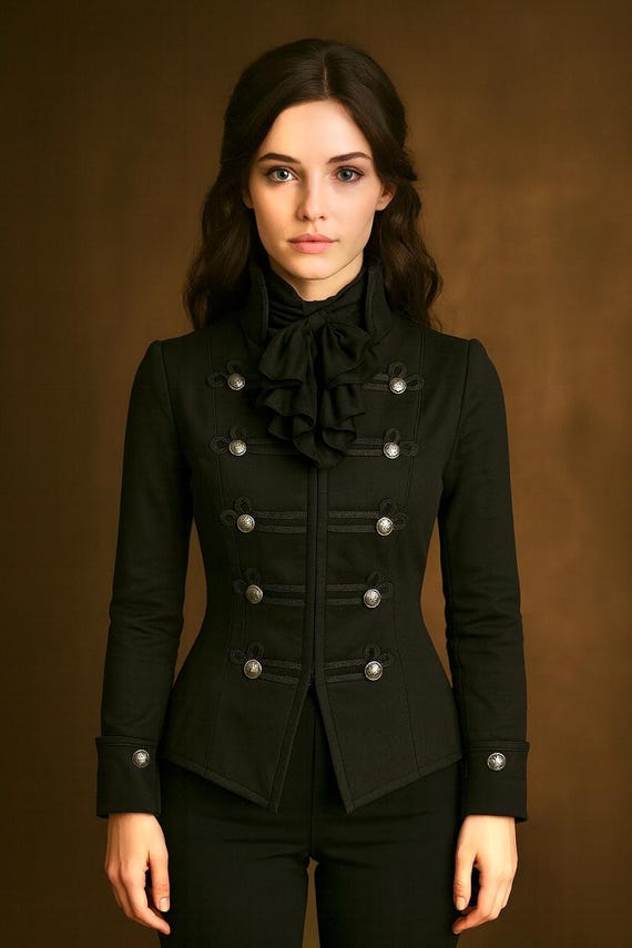 Women's Black Victorian Military Jacket Coat, Vintage Gothic