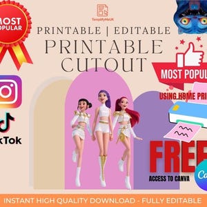 Peut inclure: Graphique numérique avec trois personnages féminins animés en tenues blanches et dorées. Le texte comprend "Printable Cutout", "Most Popular" et des icônes de médias sociaux. Une imprimante et le mot "Free" sont également présents.