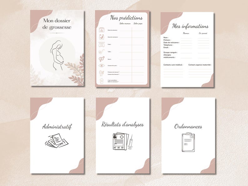 May include: A set of six printable pregnancy journal pages with a soft pink and white design. The pages include sections for predictions, personal information, administrative details, analysis results, and prescriptions. Each page has a unique illustration.