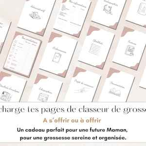May include: A collection of printable pregnancy planner pages with various headings like "Administrative", "Checklists", and "Ultrasound". The pages are white with a soft pink corner design. The text "Download your pregnancy binder pages" is also visible.