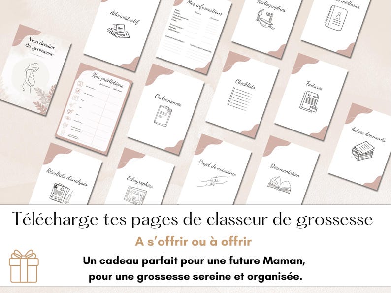 May include: A collection of printable pregnancy planner pages with various headings like "Administrative", "Checklists", and "Ultrasound". The pages are white with a soft pink corner design. The text "Download your pregnancy binder pages" is also visible.