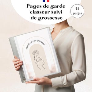 Pode incluir: Uma pasta transparente com uma capa com um desenho de uma pessoa grávida e o texto "Mon dossier de grossesse". A capa também tem o texto "Pages de garde classeur suivi de grossesse" e "14 páginas".