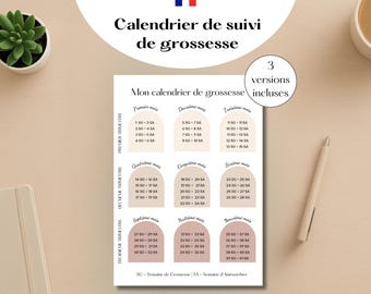 Calendrier grossesse à imprimer, suivi de grossesse SG & SA, calendrier grossesse suivi, Organisation maternité, calendrier femmes enceintes