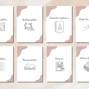 May include: Eight white cards with text and line drawings, including "Echographies," "Radiographies," and "Contacts m&eacute;dicaux." Each card has a pink accent in the corner. The cards are likely related to medical or pregnancy documentation.