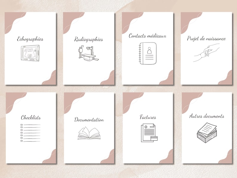 May include: Eight white cards with text and line drawings, including "Echographies," "Radiographies," and "Contacts m&eacute;dicaux." Each card has a pink accent in the corner. The cards are likely related to medical or pregnancy documentation.