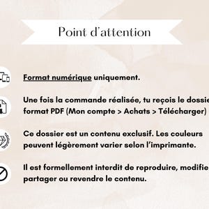 May include: A cream-colored graphic with text in French, including "Point d'attention" and instructions about digital format, PDF downloads, and content usage restrictions. Icons of a computer, PDF file, diamond, and a no-entry sign are included.