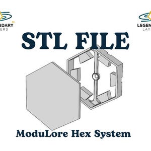 Puede incluir: Una ilustración de un modelo 3D de una estructura hexagonal, con el texto "STL FILE" en azul oscuro. Las palabras "ModuLore Hex System" están debajo. El logotipo de Legendary Layers está en las esquinas superiores.