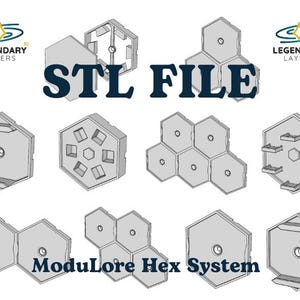 May include: An image showcasing various gray, hexagonal 3D models, labeled as "STL FILE" and "ModuLore Hex System." The models feature different designs, including interconnected hexagons and those with internal structures. The "Legendary Layers" logo is also present.