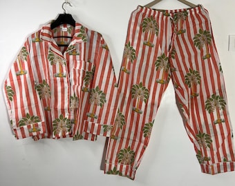 Hand Block Print Cotton Pajama Set Floral Nightwear Gift For Her