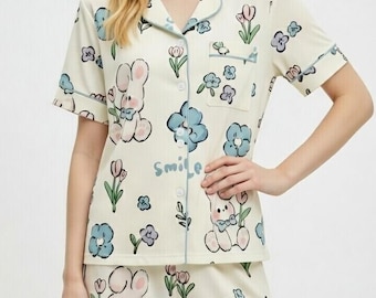 Floral Bunny Satin Pajama Set, Floral Retro Easter Sleepwear, Easter Spring Gift