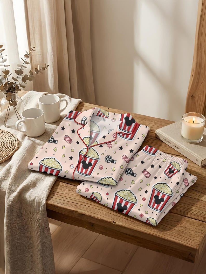 May include: A light pink pajama set with a popcorn and film theme. The set includes a button-down top and trousers, both decorated with popcorn buckets, film reels, and Mickey Mouse silhouettes. The trim is red.