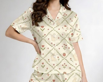 Grazioso pigiama primaverile pasquale, pigiama coordinato giallo retrò per la famiglia, regalo primaverile pasquale, regalo per lei