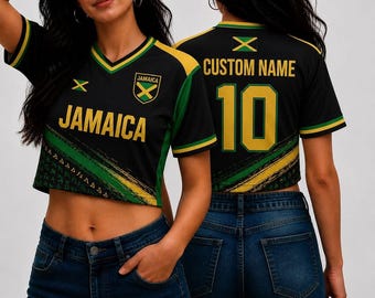 Camiseta cropped personalizada da Jamaica para futebol, camiseta cropped personalizada para futebol, roupa de futebol, camiseta para festival, torcedor de futebol