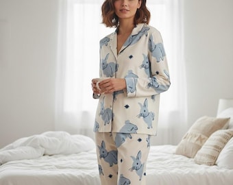 Bunny Easter Matching Pajama Set, Blue Retro Sleepwear, Easter Spring Gift, Gift For Her