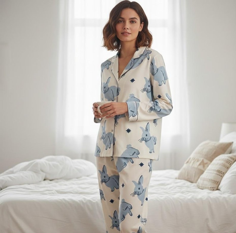Op de afbeelding: Cr&egrave;mekleurige pyjamaset met een blauwe konijnenprint. De top met lange mouwen en de broek hebben een herhalend patroon van konijnen en sterren. De pyjama heeft een knoopsluiting en een relaxte pasvorm.
