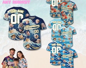 Camiseta de béisbol personalizada con cara de pez koi japonés y olas del océano, camiseta personalizada con foto de mascota familiar con nombre y número, divertida para vacaciones.