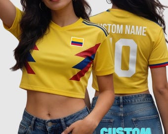 カスタムコロンビア国旗クロップトップ、パーソナライズされたサッカージャージクロップTシャツ、独身最後のパーティー衣装、フェスティバルシャツ、旅行用衣装ギフト